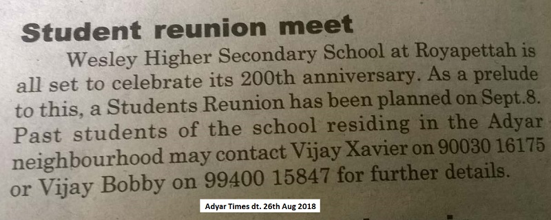 Wesley School Alumni Reunion on 8th September 2018